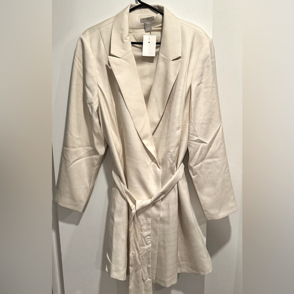 NWT H&M linen look oversized belt blazer ivory cream tunic wrap party office XXL